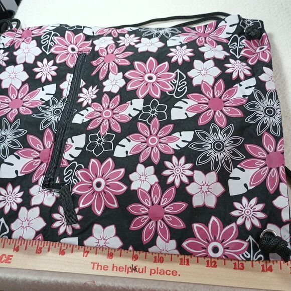 Pink & Black Floral Cinch Bag Nylon Backpack 12x15 Drawstring Lightweight - Picture 5 of 12